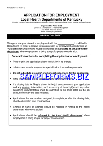 Local Health Departments of Kentucky Application for Employment pdf free