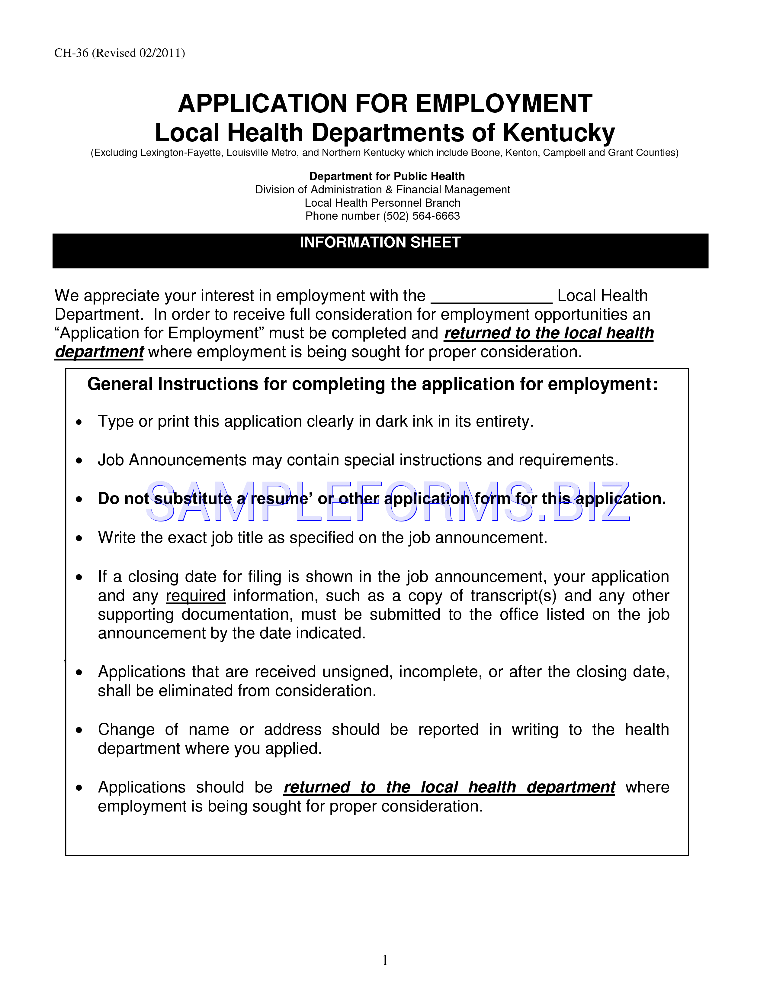 Preview free downloadable Local Health Departments of Kentucky Application for Employment in PDF (page 1)